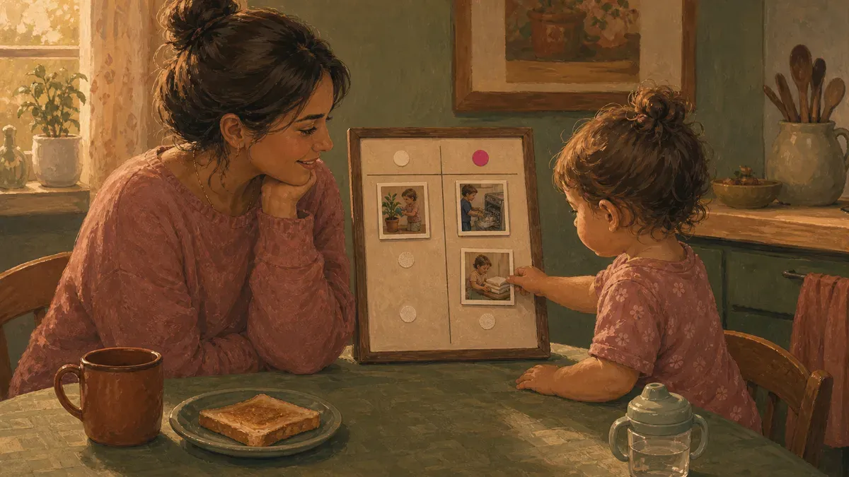Parent and toddler reviewing a chore chart together at breakfast