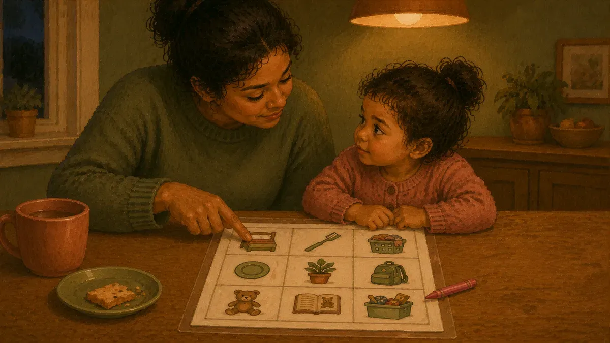 Parent and young child reviewing a picture chore chart together at a kitchen table