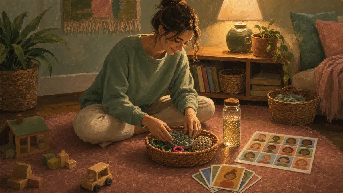 Parent assembling a DIY calm down corner kit basket with fidgets and a feelings chart on the floor