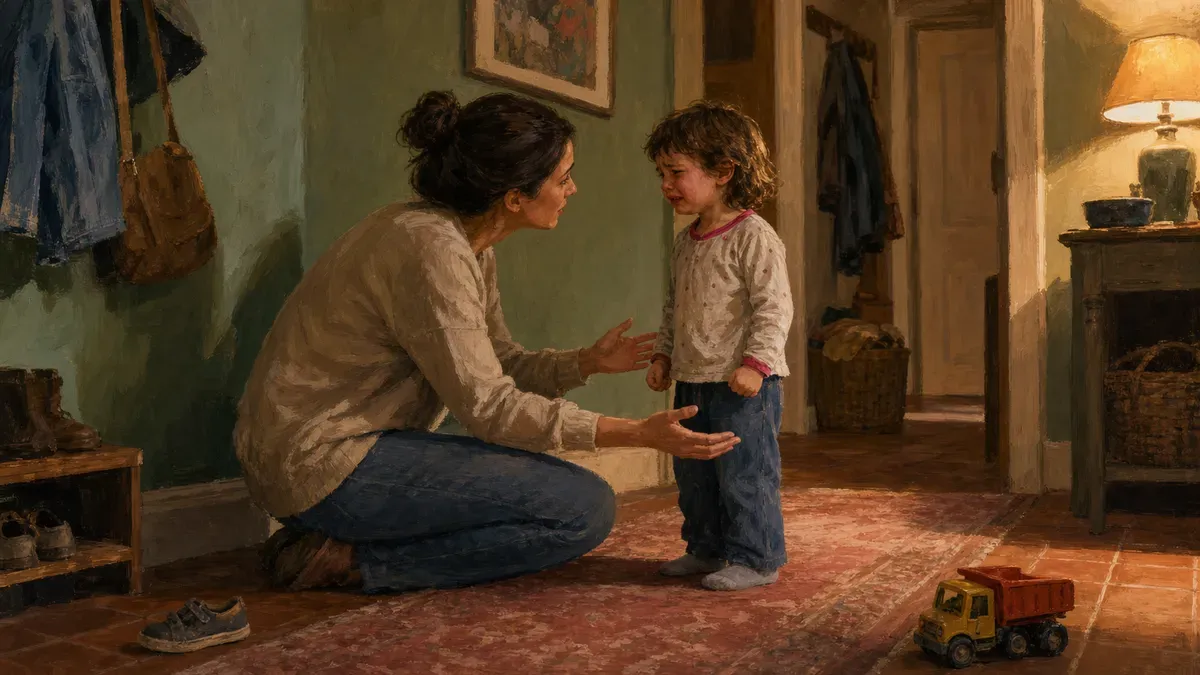 Parent calmly kneeling at child's level during a big feelings moment