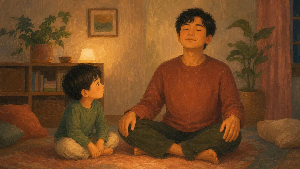 Parent calmly modeling deep breathing while a frustrated child watches