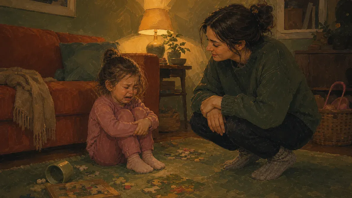 Parent crouching calmly beside an upset preschooler mid-meltdown