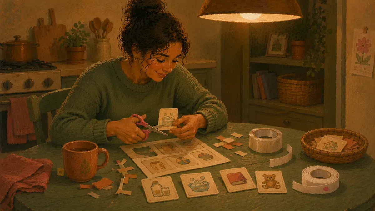 Parent cutting out printable communication cards on a kitchen table with sticky-back velcro