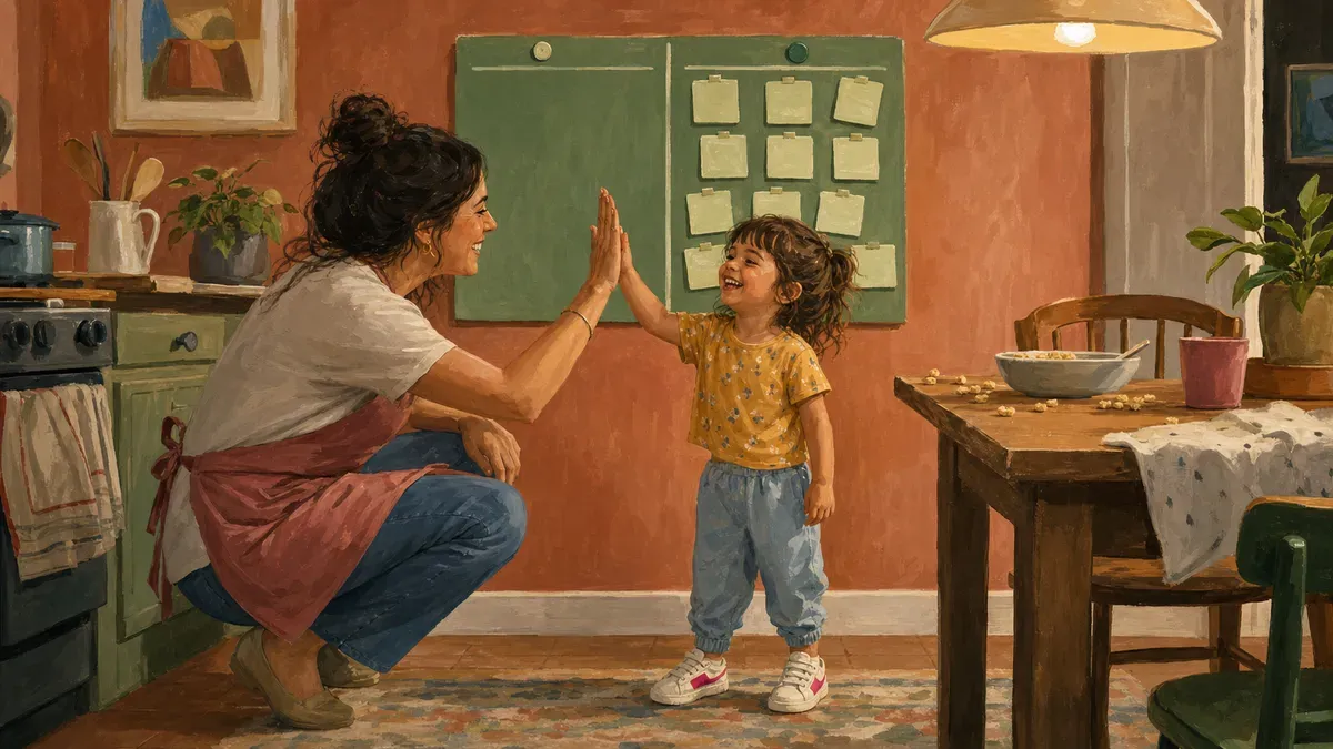 Parent giving a high five to a preschooler beside a completed chore chart