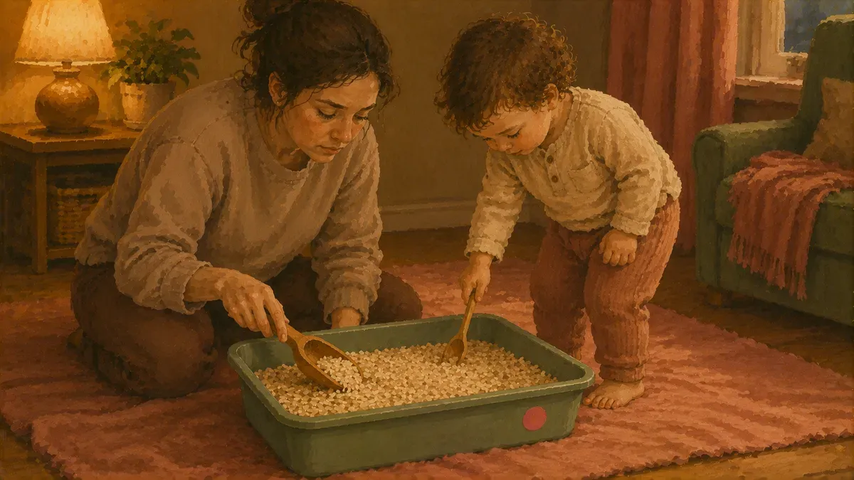 Parent guiding a hesitant toddler to touch a sensory bin with a tool