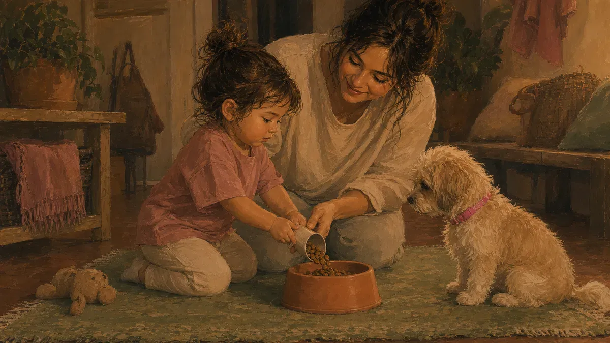 Parent guiding a toddler as they pour kibble into a pet food bowl