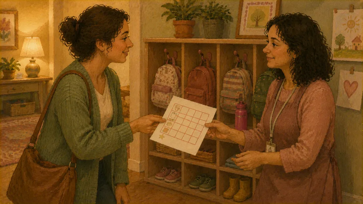Parent handing a daycare teacher a printed potty schedule at drop-off
