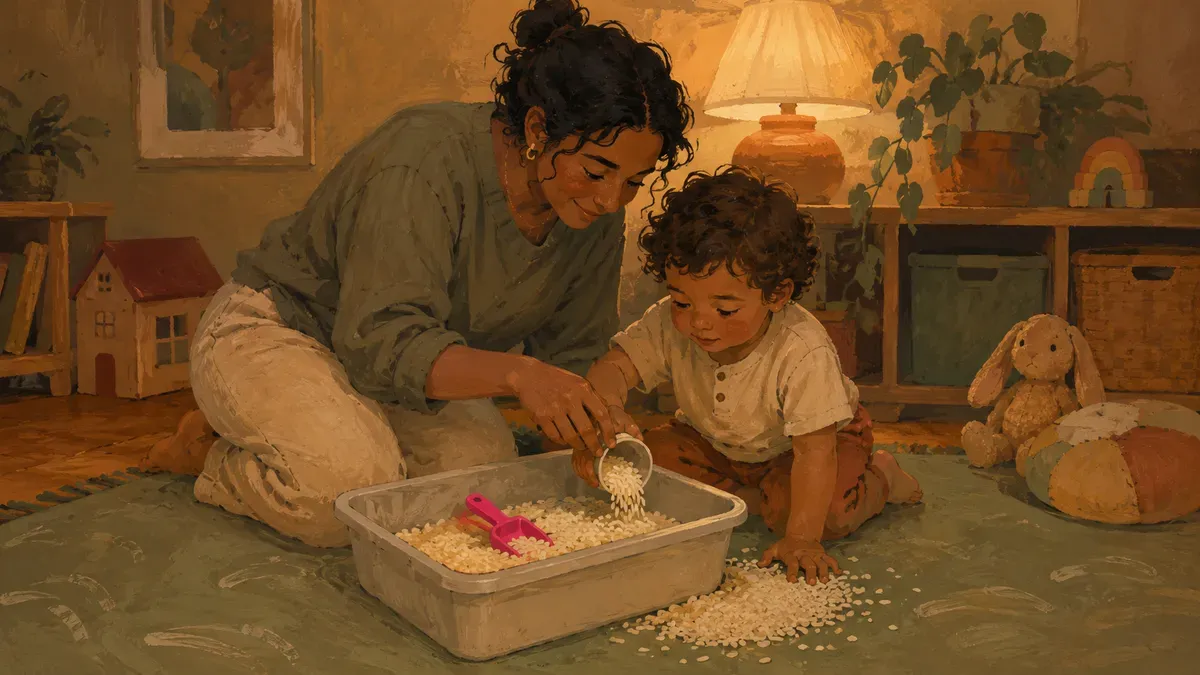 Parent kneeling beside a toddler redirecting filler back into the bin