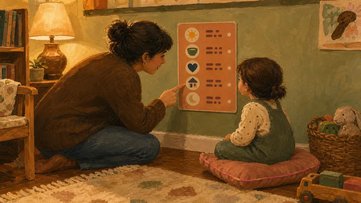 Parent kneeling beside child pointing to a calm down corner poster during a calm moment