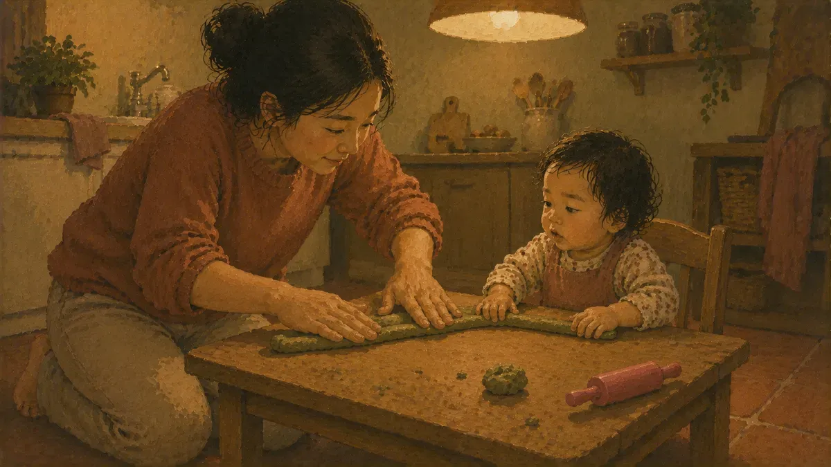 Parent kneeling beside toddler demonstrating how to roll a snake of playdough