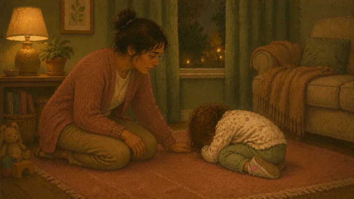 Parent kneeling calmly beside an upset child during a meltdown