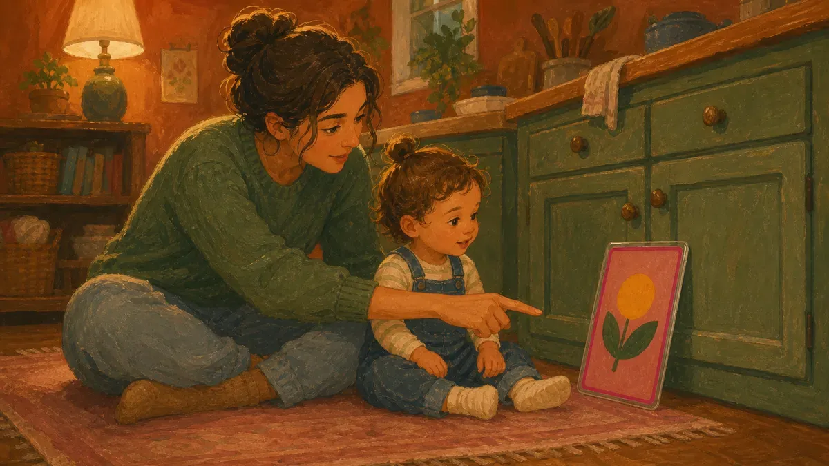 Parent modeling a picture card by pointing to it while sitting beside a toddler