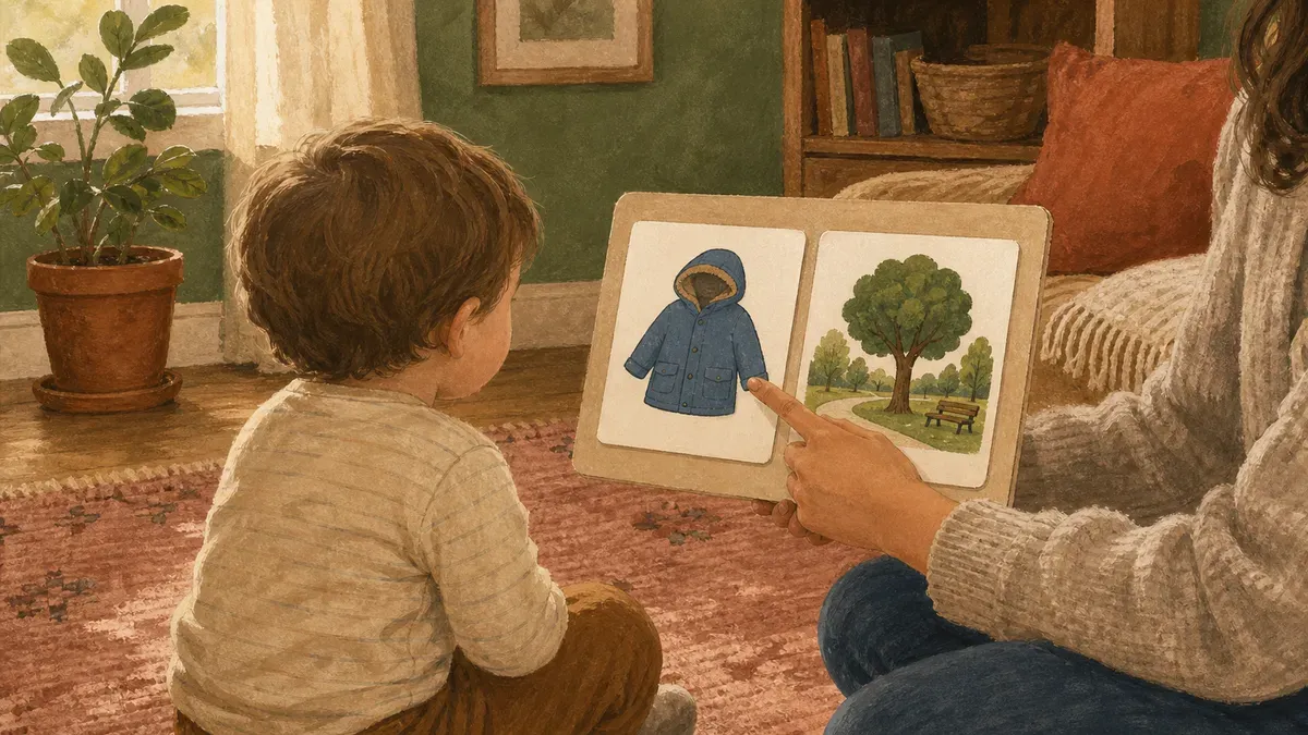 Parent pointing to the first card on a printable first then board while a toddler watches