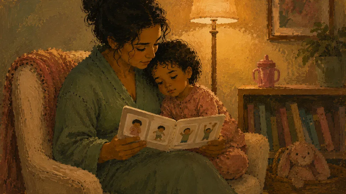 Parent reading the social story to a calm child during a quiet daily routine