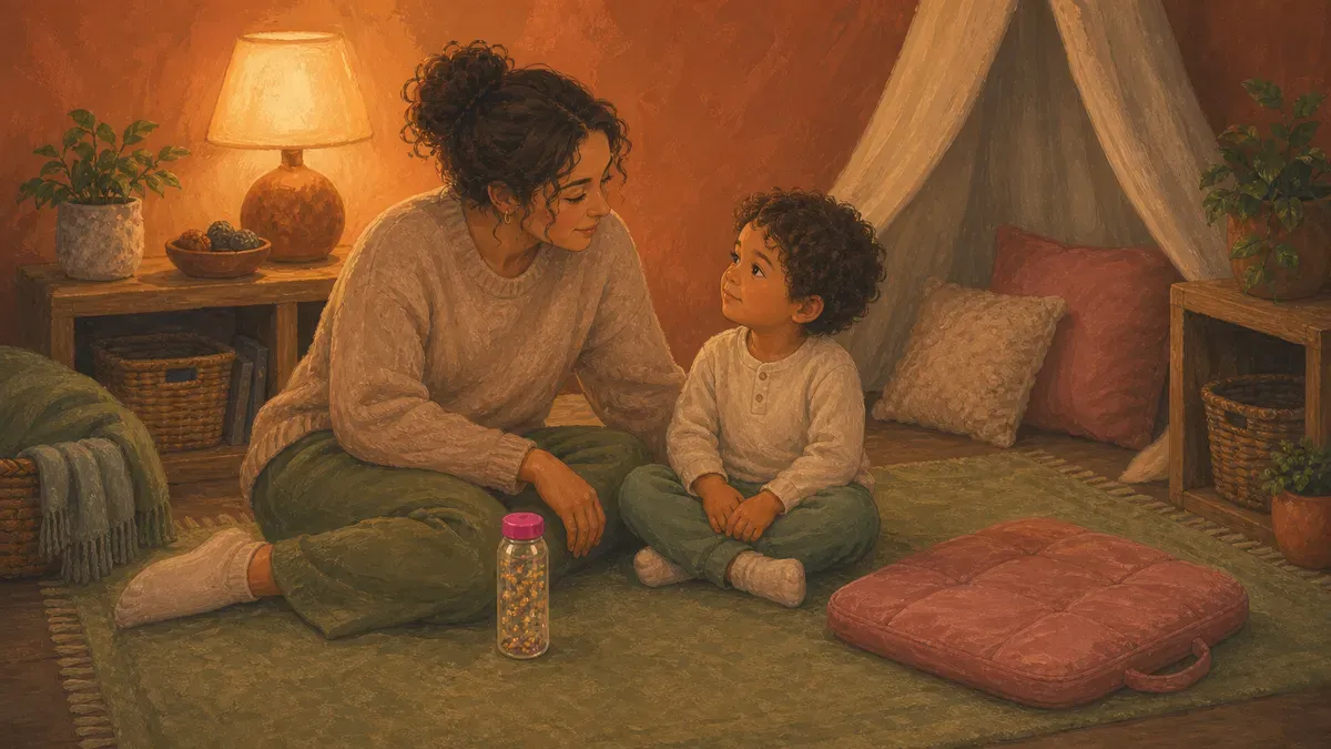Parent sitting close to child during calm-down co-regulation with sensory tools nearby