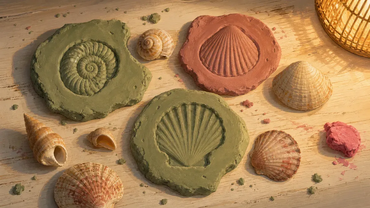 Playdough seashell fossil impressions laid out on a white surface next to real shells