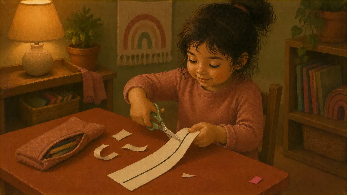 Preschooler cutting along a thick line with safety scissors