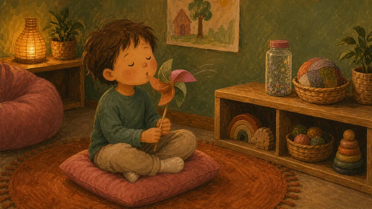 Preschooler doing a breathing exercise with a pinwheel in a calming corner