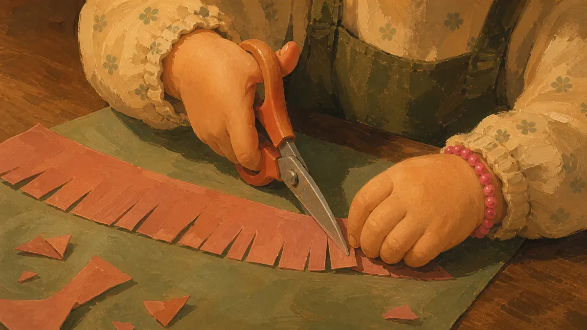 Preschooler holding safety scissors with thumb pointing up, cutting a paper fringe strip