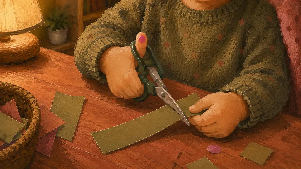 Preschooler holding scissors with thumb up, cutting a strip of paper at a table