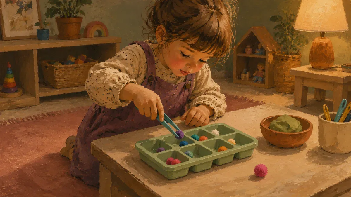 Preschooler pinching small pom poms with tweezers into an ice cube tray