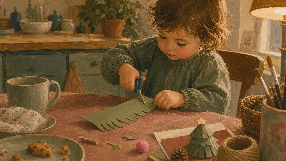 Preschooler snipping fringe into green paper to make a Christmas tree