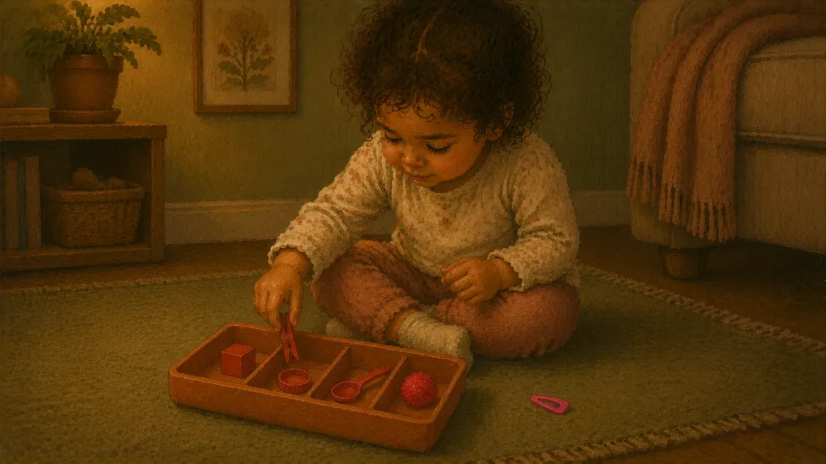 Preschooler sorting red objects into a single-color tray during a focused color activity