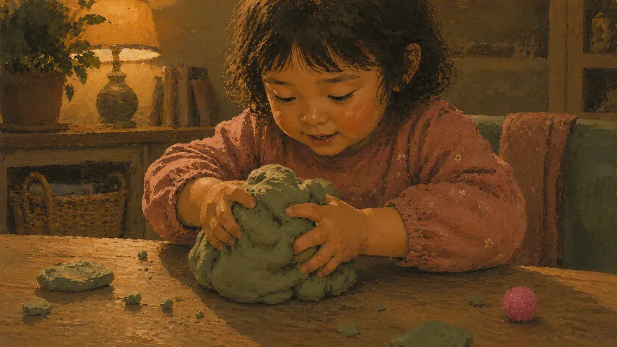 Preschooler squeezing bright play dough with both hands at a table