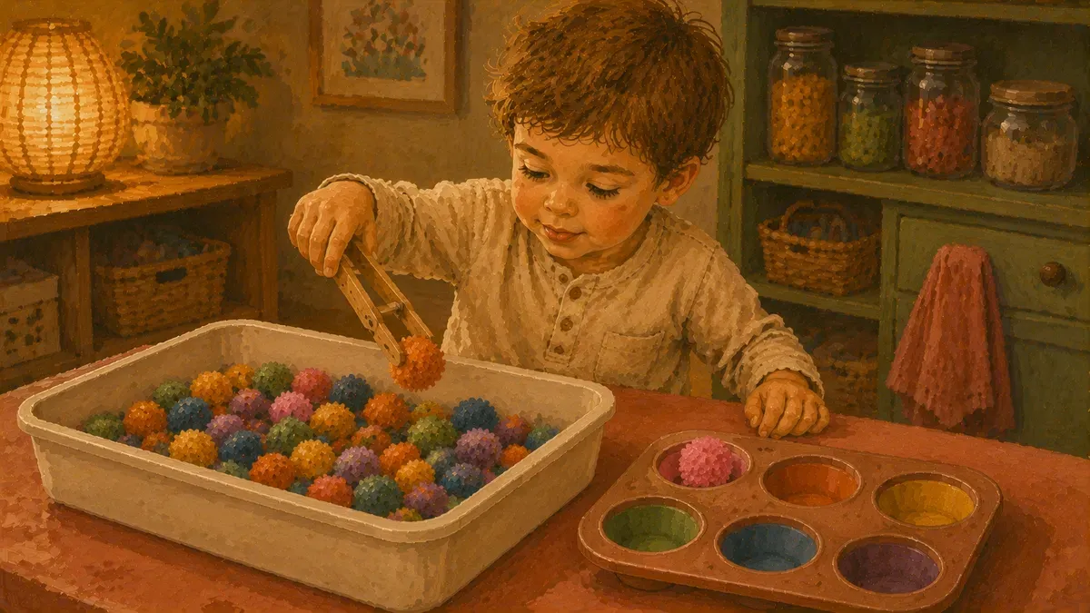Preschooler using tongs to transfer pom-poms between cups in a sensory challenge