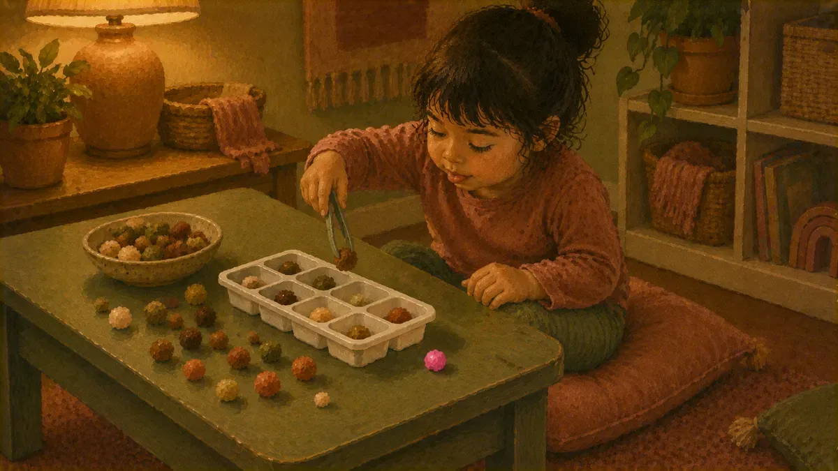 Preschooler using tweezers to transfer pom poms into an ice cube tray