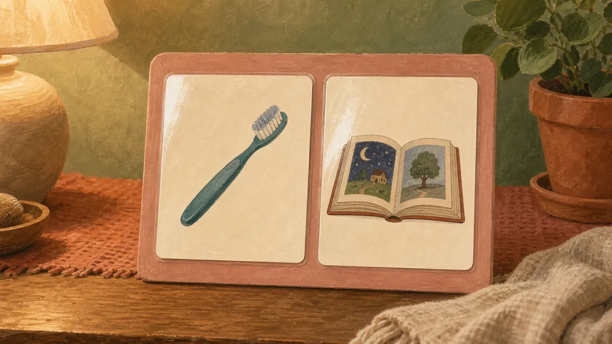 Printable first then board with a brushing teeth card on the left and a story time card on the right