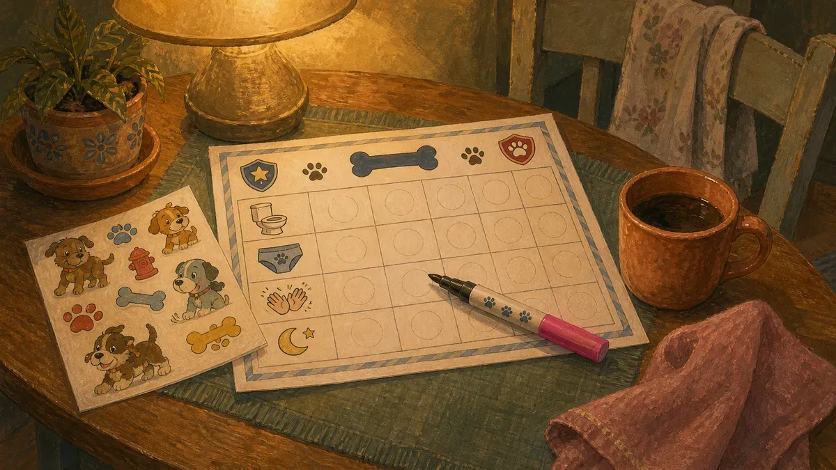 Printable Paw Patrol potty training chart with stickers and a marker on a table