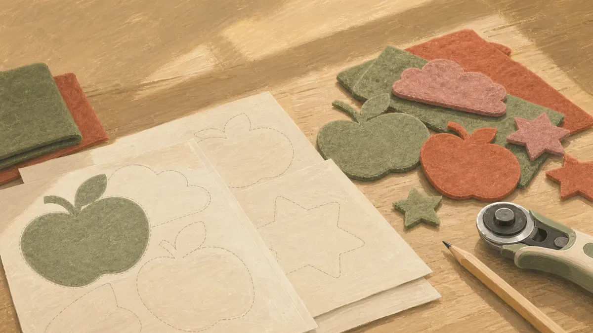 Printed quiet book pattern templates laid out next to felt pieces
