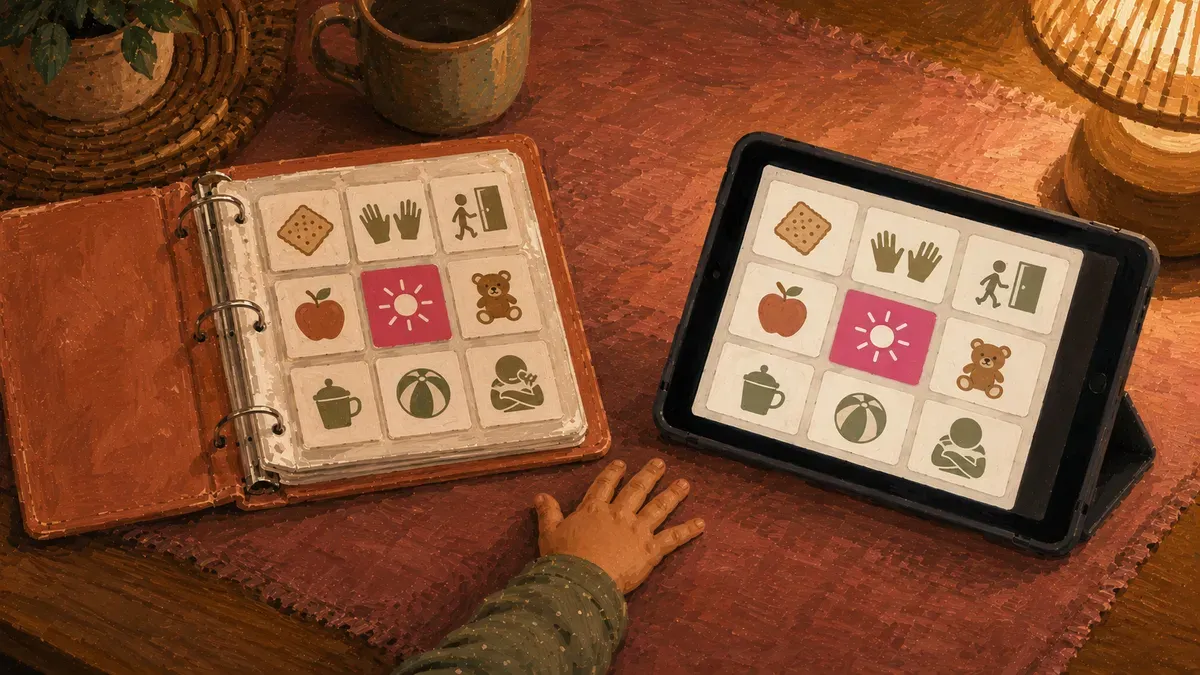 Progression image showing a PECS binder leading to a tablet-based AAC app