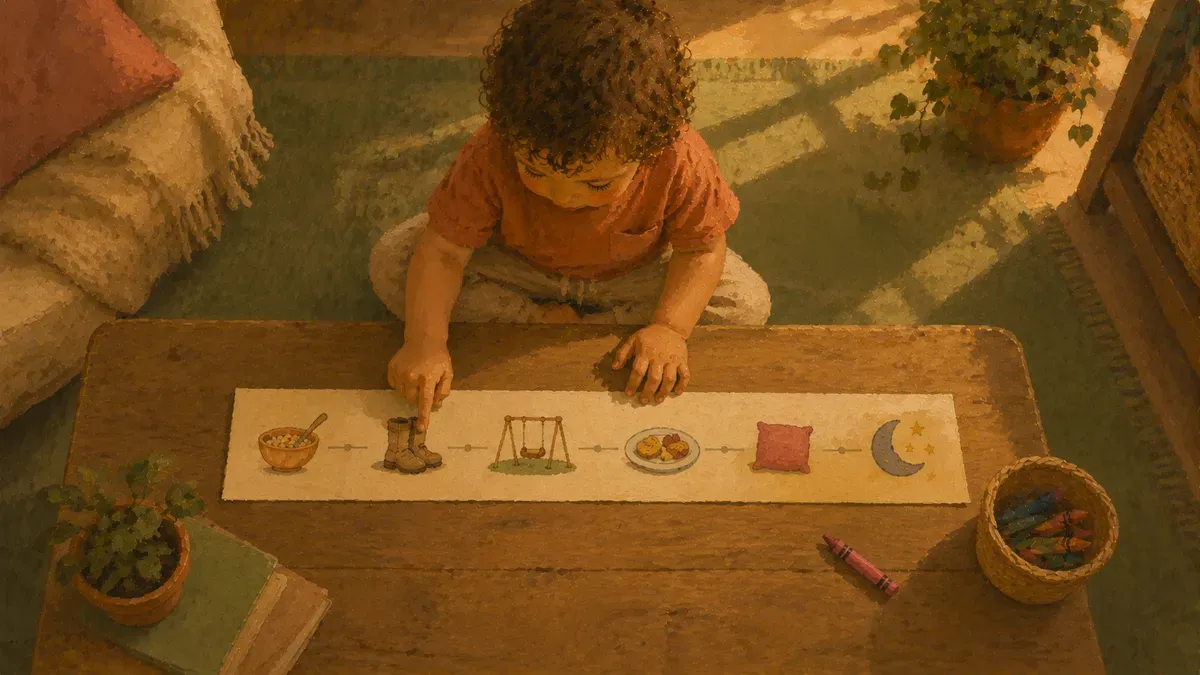 Sample hour-by-hour daily schedule for a 3-year-old laid out as a picture timeline