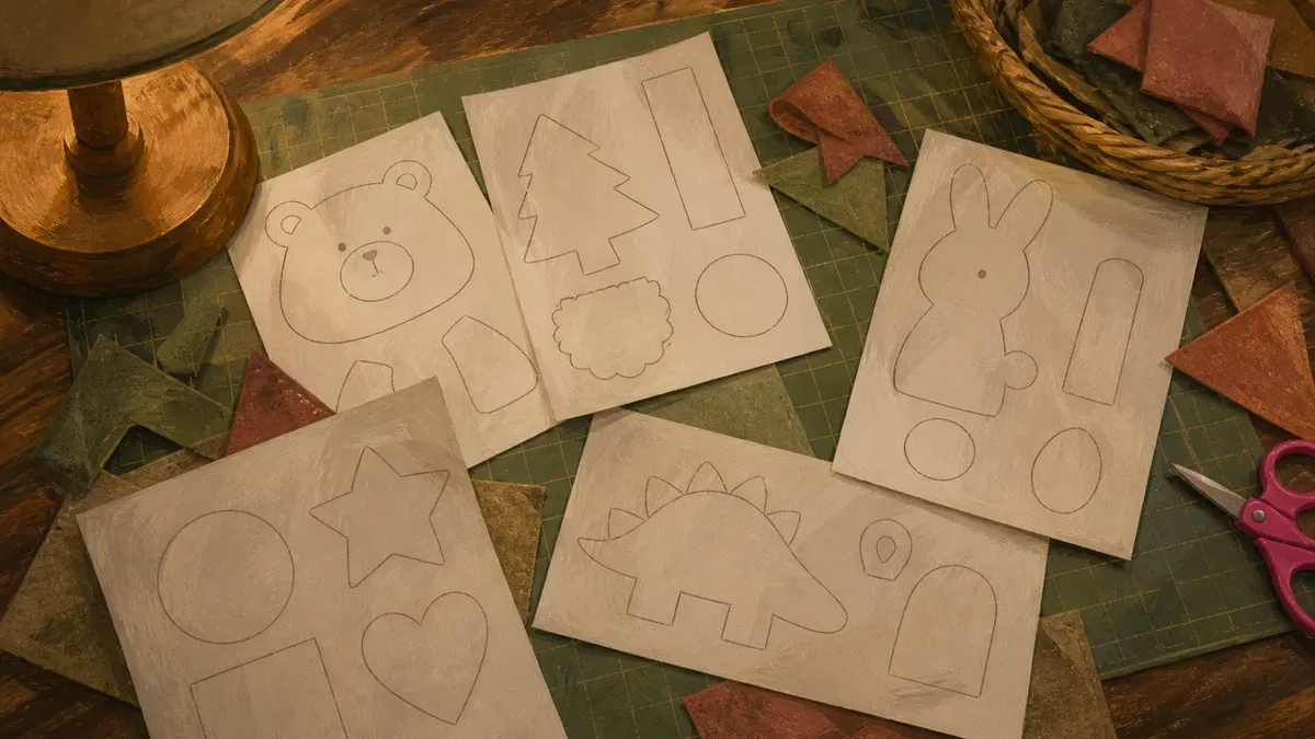 Screenshot collage of free printable felt quiet book page templates laid out for tracing