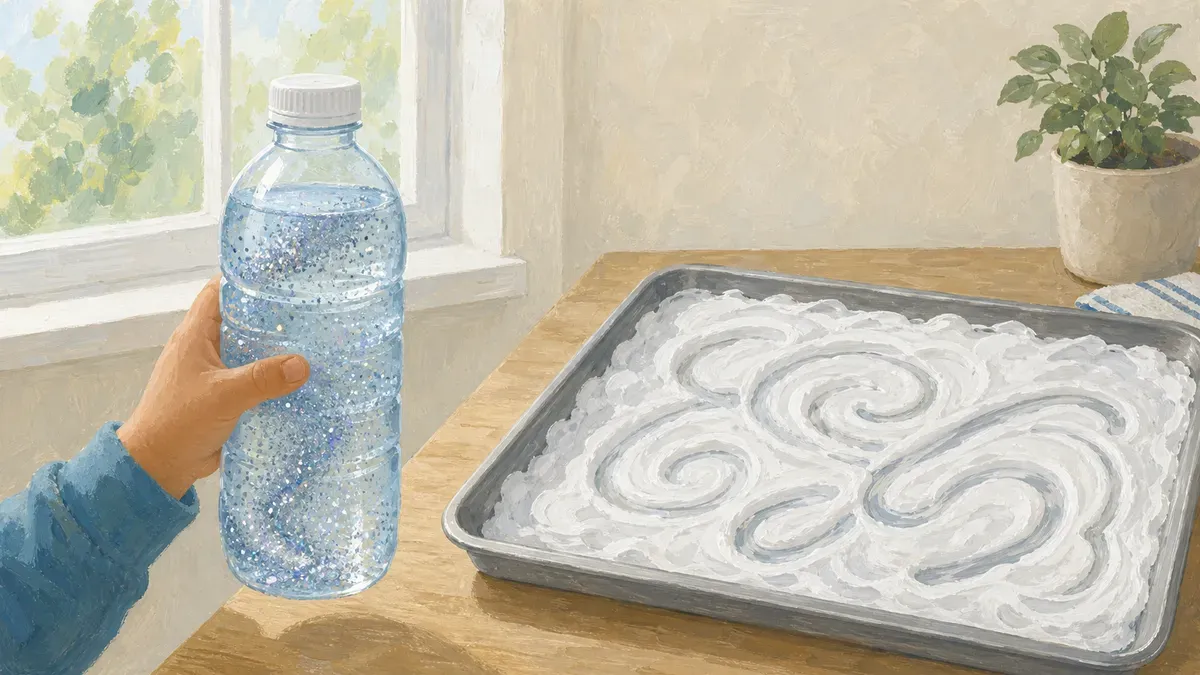 Sealed sensory bottle with glitter and water held up to the light next to a shaving cream tray