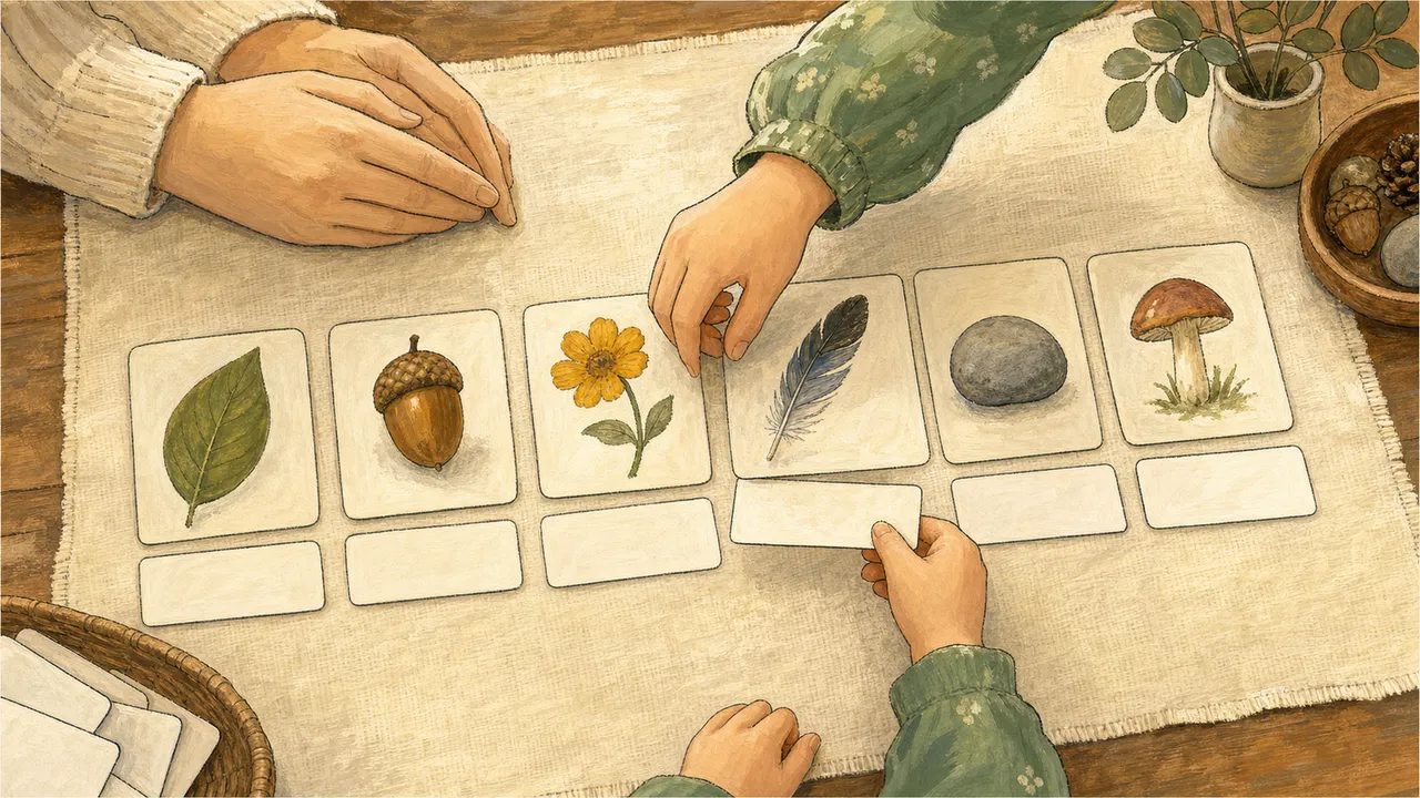 Parent and child matching label cards to picture cards on a work mat