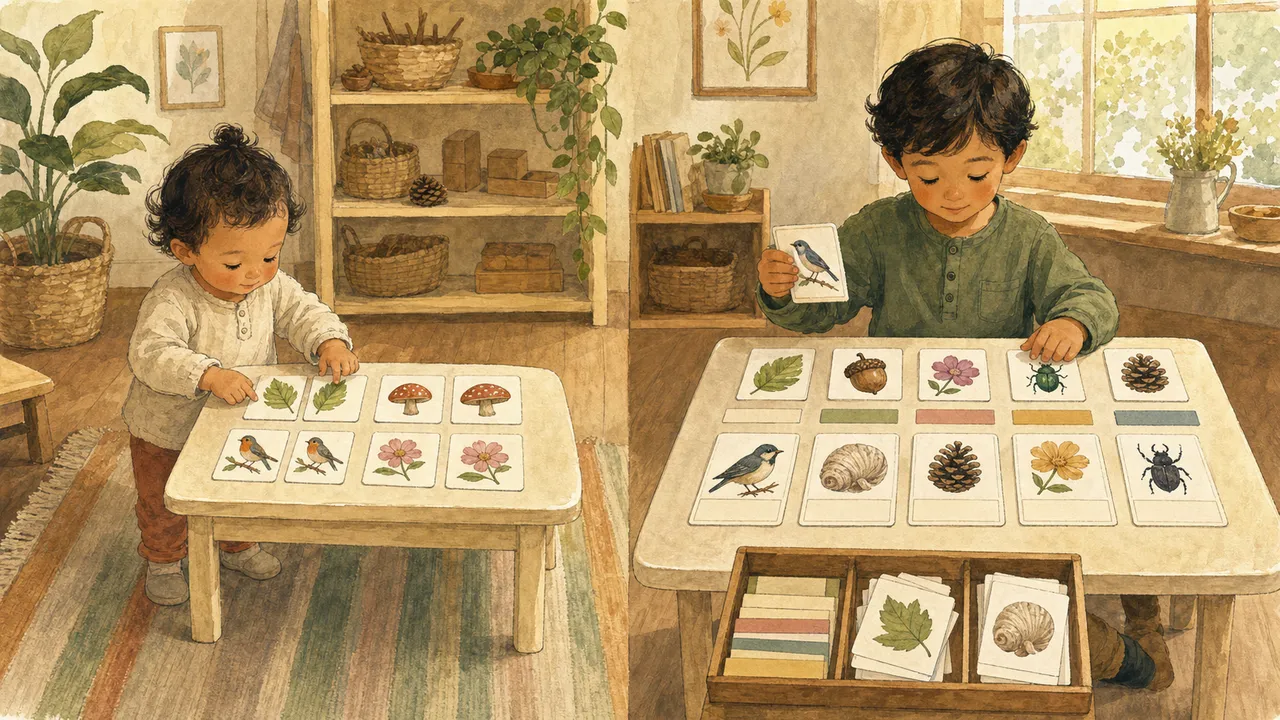 A toddler doing picture-only matching alongside an older child using full 3-part cards with labels