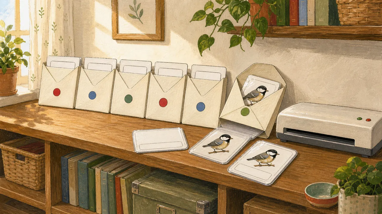 Laminated DIY 3-part cards stored in labeled envelopes