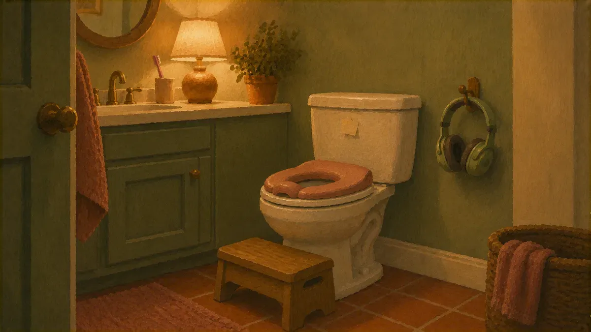 Sensory-friendly bathroom with insert seat, footstool, dimmable light, and noise-cancelling headphones