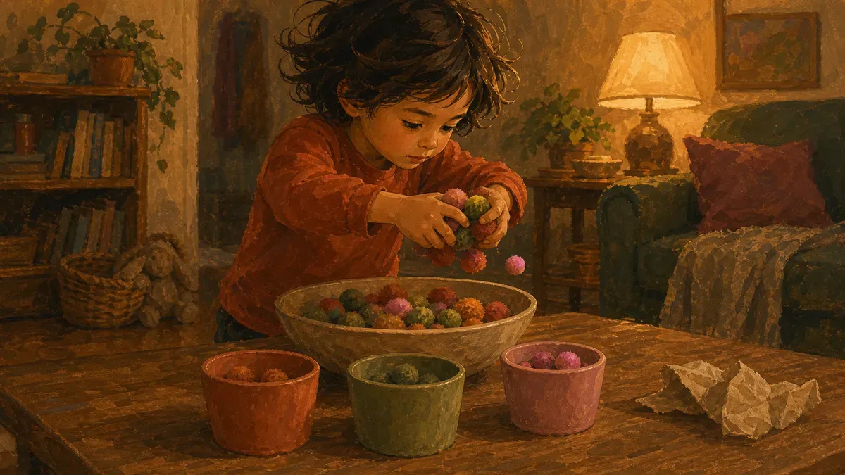 Sensory-seeking child squeezing colored pom poms into matching cups during an active sorting game