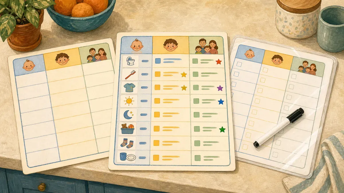 Set of free printable family chore chart templates fanned out, including a blank and a filled version