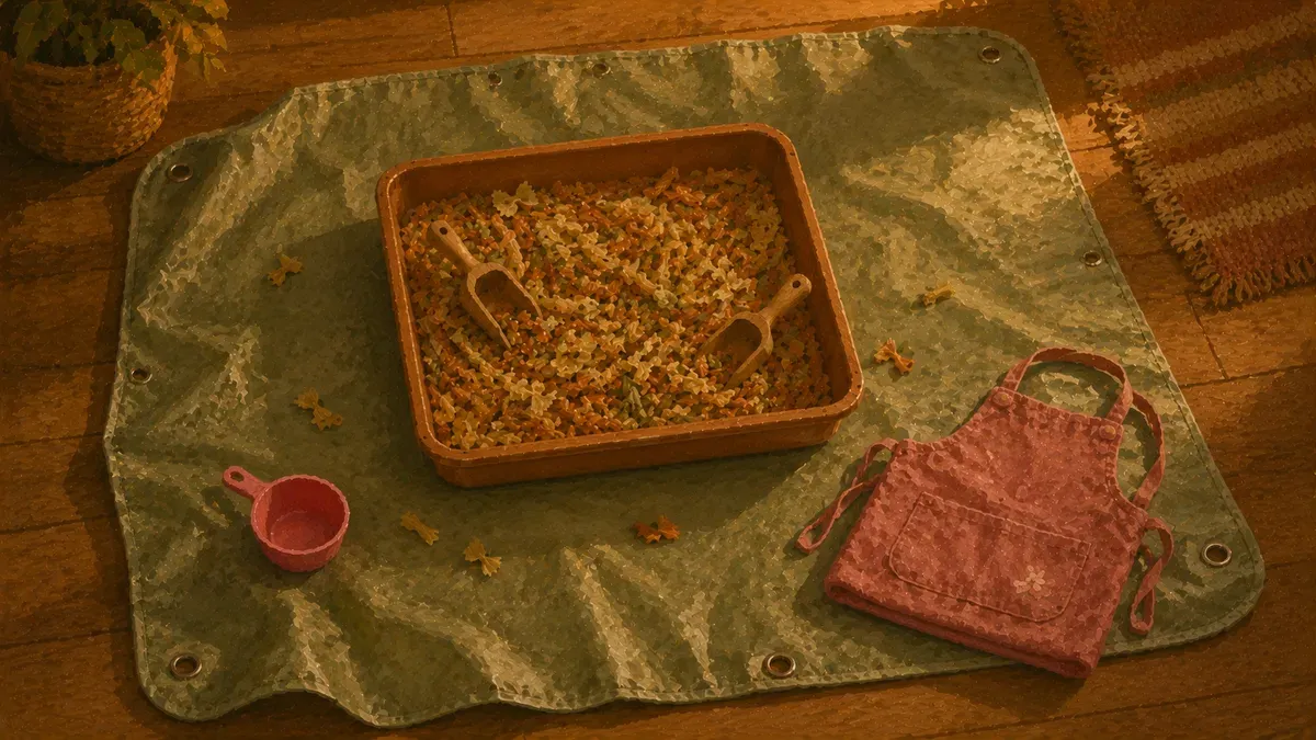 Shallow tray on a washable splat mat with a toddler-sized apron nearby