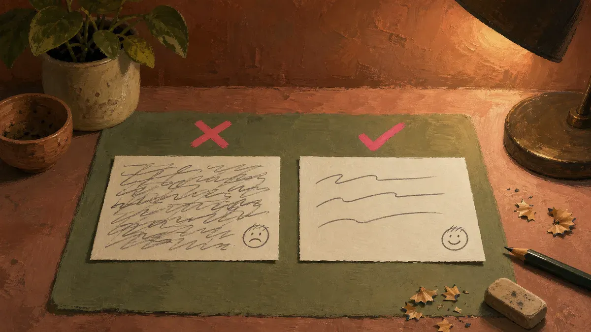 Side-by-side card: wordy, negative social story on the left versus a short, positive version on the right