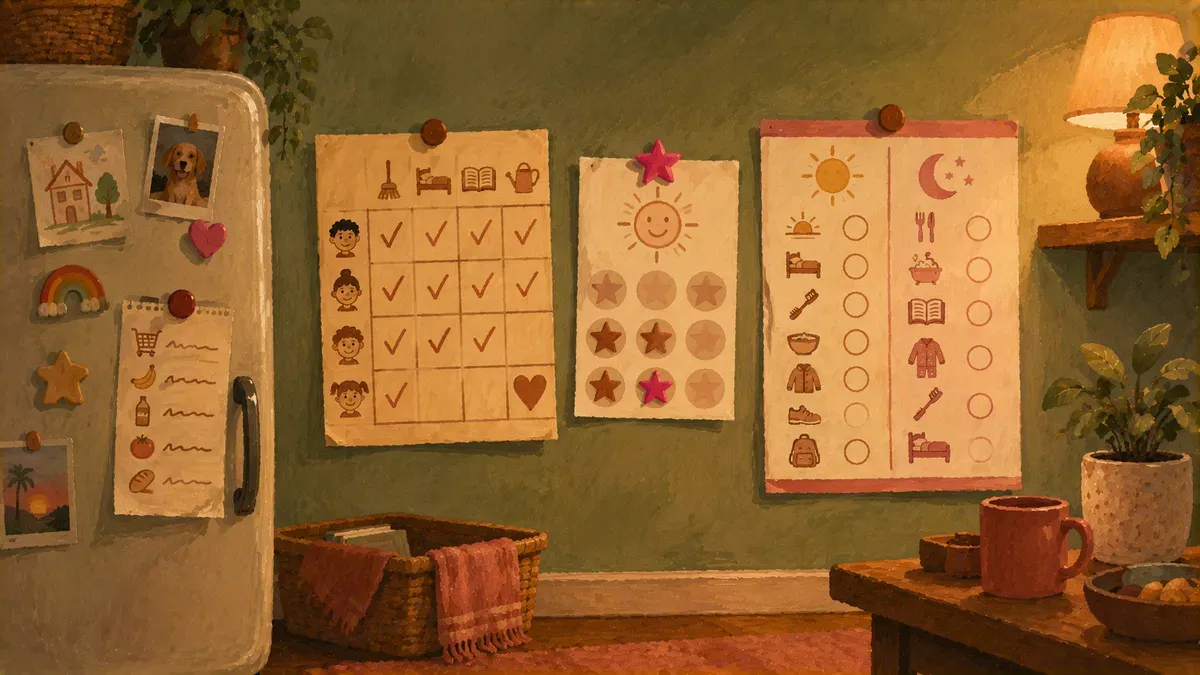 Side-by-side comparison of a chore chart, reward chart, and responsibility chart on a kitchen wall