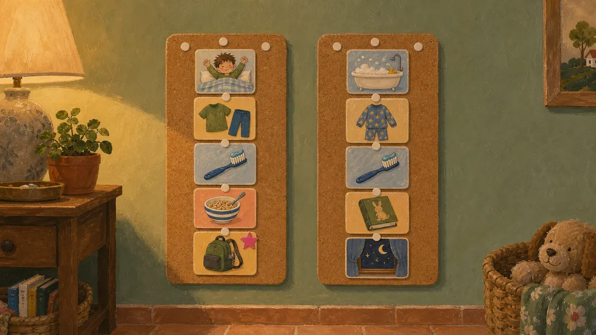 Side-by-side examples of a morning routine chart and a bedtime visual schedule for kids
