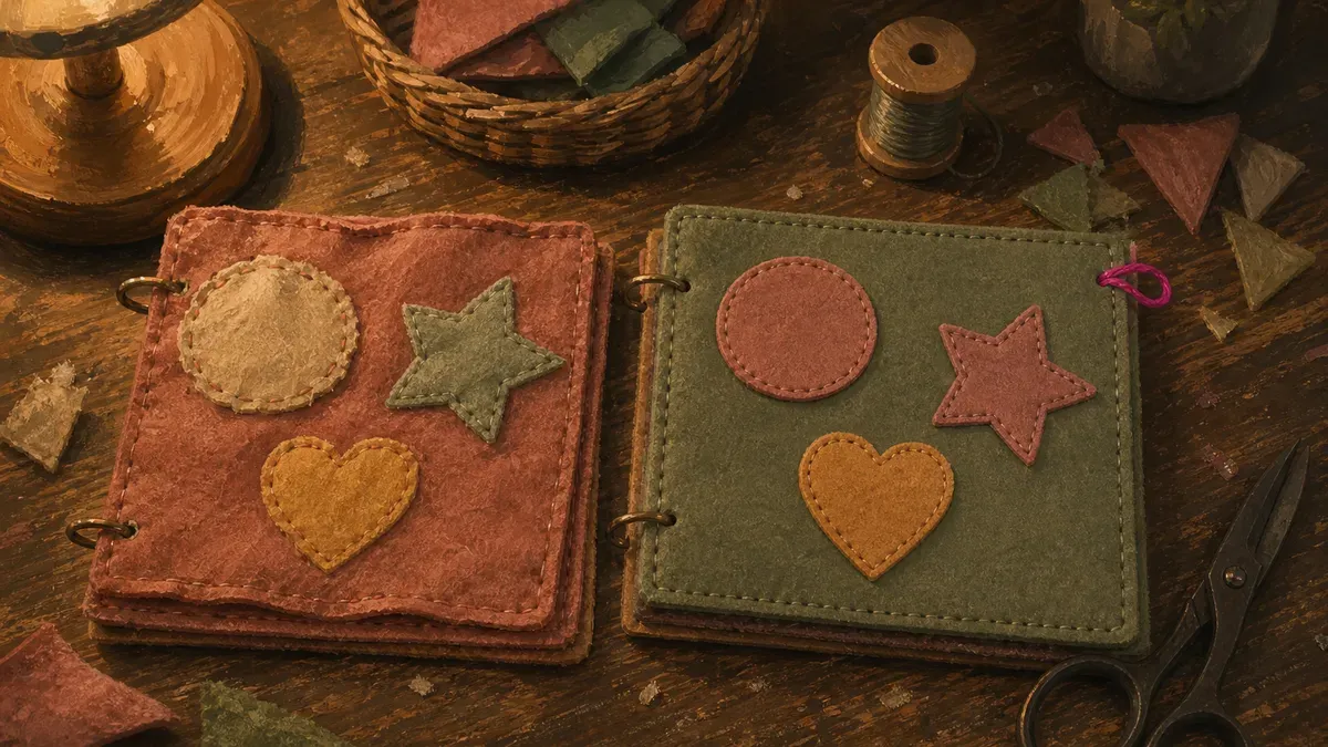 Side-by-side felt page comparison showing a puckered beginner mistake versus a clean finished version
