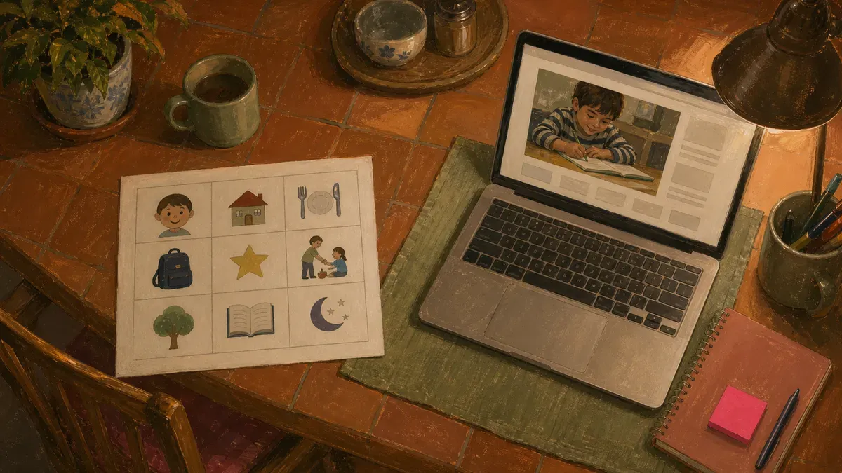 Side-by-side of a generic printed social story PDF next to an editable template open on a laptop