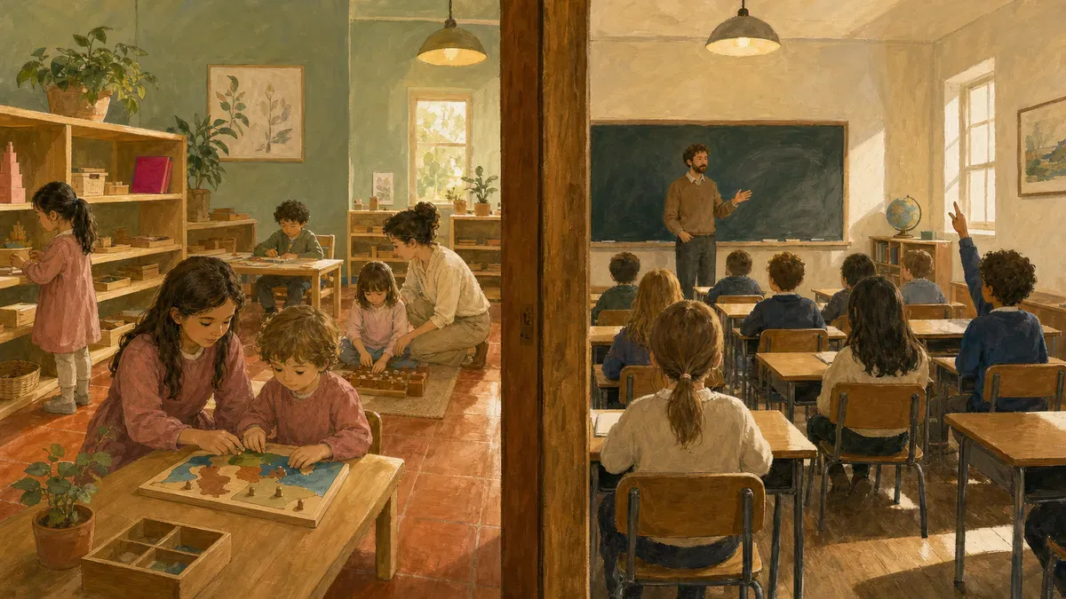 Side-by-side photo of a Montessori mixed-age classroom and a traditional rows-of-desks classroom